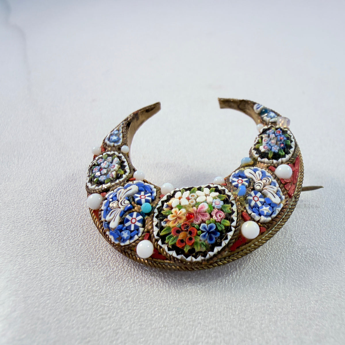 Italy early 1900s. Micro Mosaic Yellow Metal Crescent Moon Brooch.