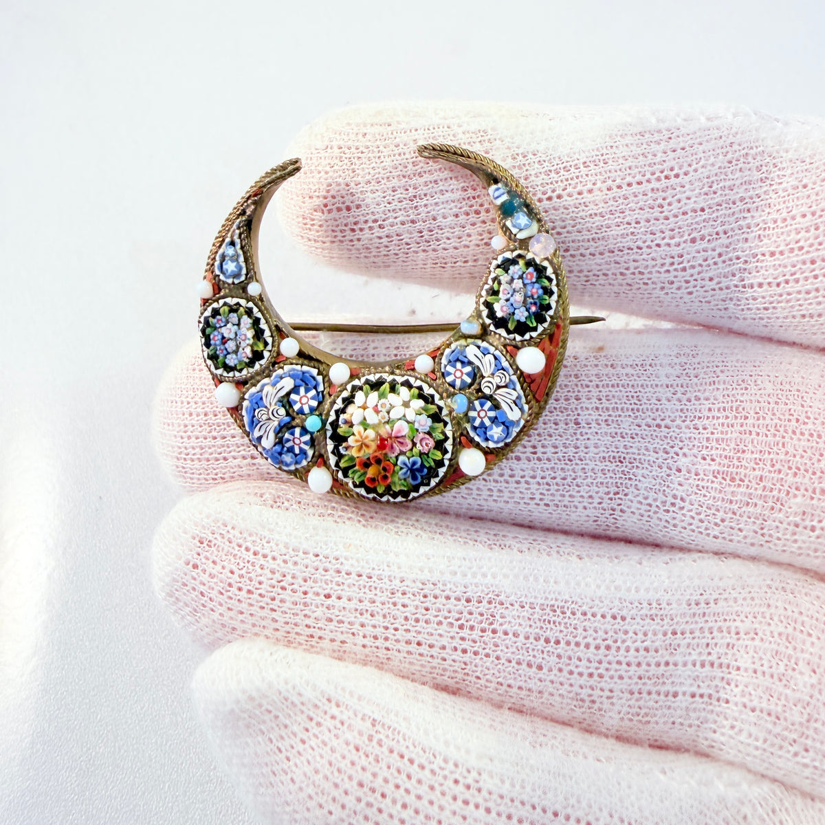 Italy early 1900s. Micro Mosaic Yellow Metal Crescent Moon Brooch.