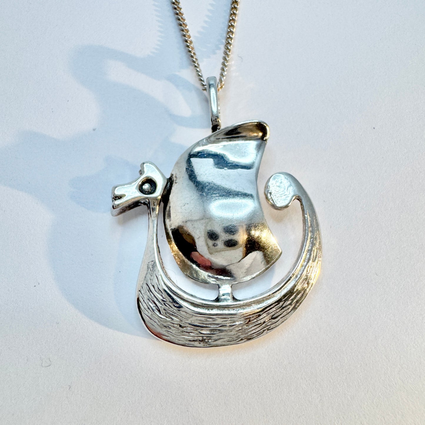 Denmark / Norway. Vintage Solid Silver Viking Ship Pendant Unisex Necklace.