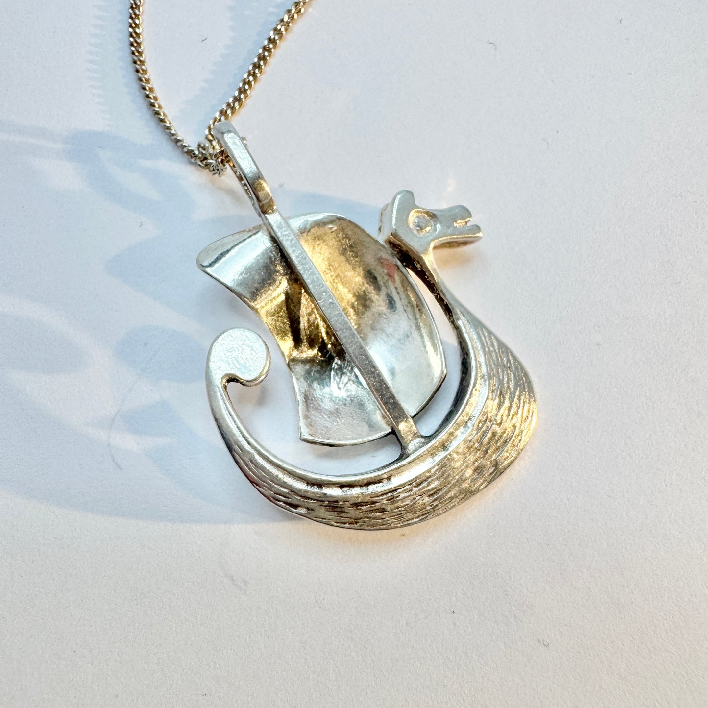 Denmark / Norway. Vintage Solid Silver Viking Ship Pendant Unisex Necklace.