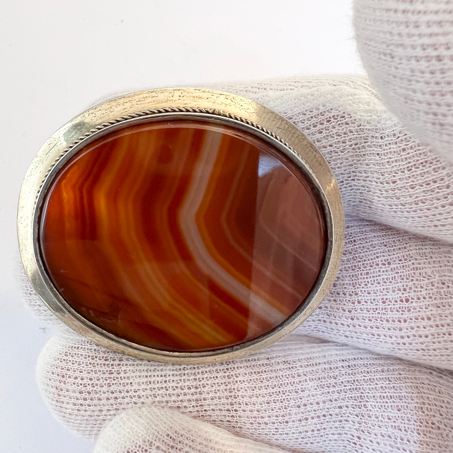 John E Werner Sweden 1928. Solid Silver Agate Brooch.