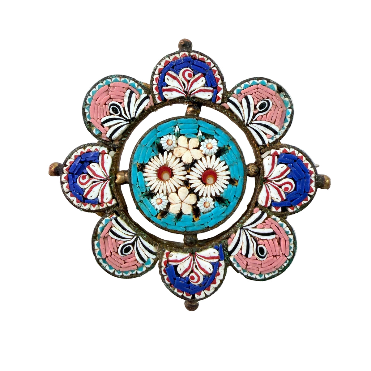 PG, Italy ca 1940-50s. Micro Mosaic Yellow Metal Flower Brooch.