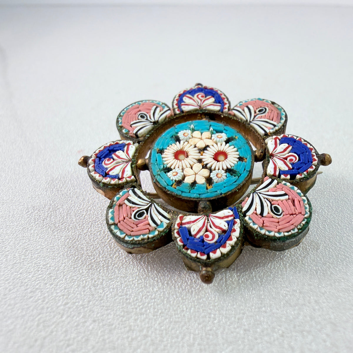 PG, Italy ca 1940-50s. Micro Mosaic Yellow Metal Flower Brooch.