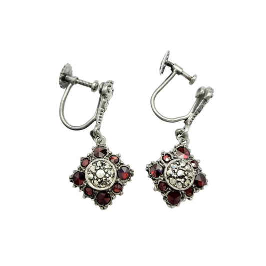 Vintage c 1940s. Solid Silver Marcasite Red Paste Earrings.