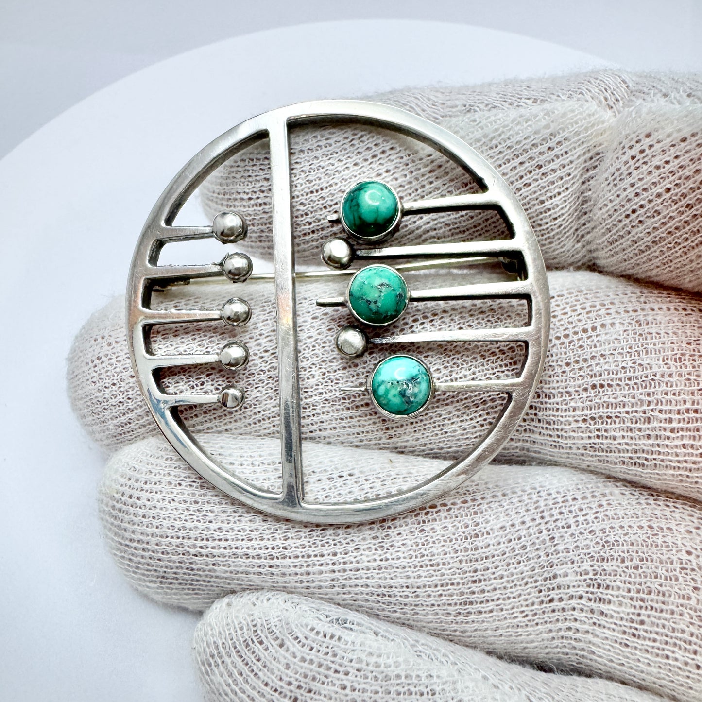 Vintage Modernist ca 1960s. Solid Silver Turquoise Brooch.