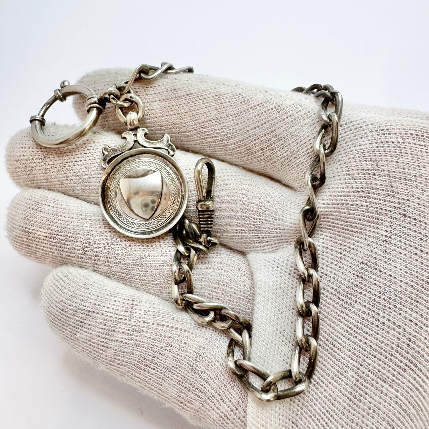 Solid Silver Watch Chain. Fob Pendant Hallmarked William Adams Ltd 1928.