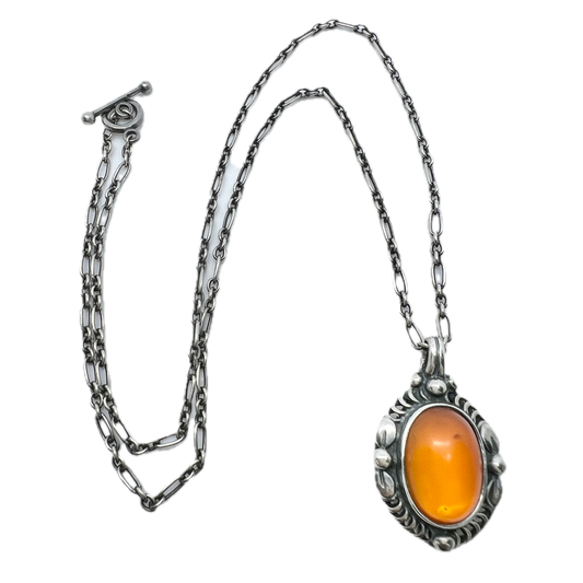 Georg Jensen, Denmark. Vintage Sterling Silver Amber Pendant Necklace. Heritage 1995 Collection.