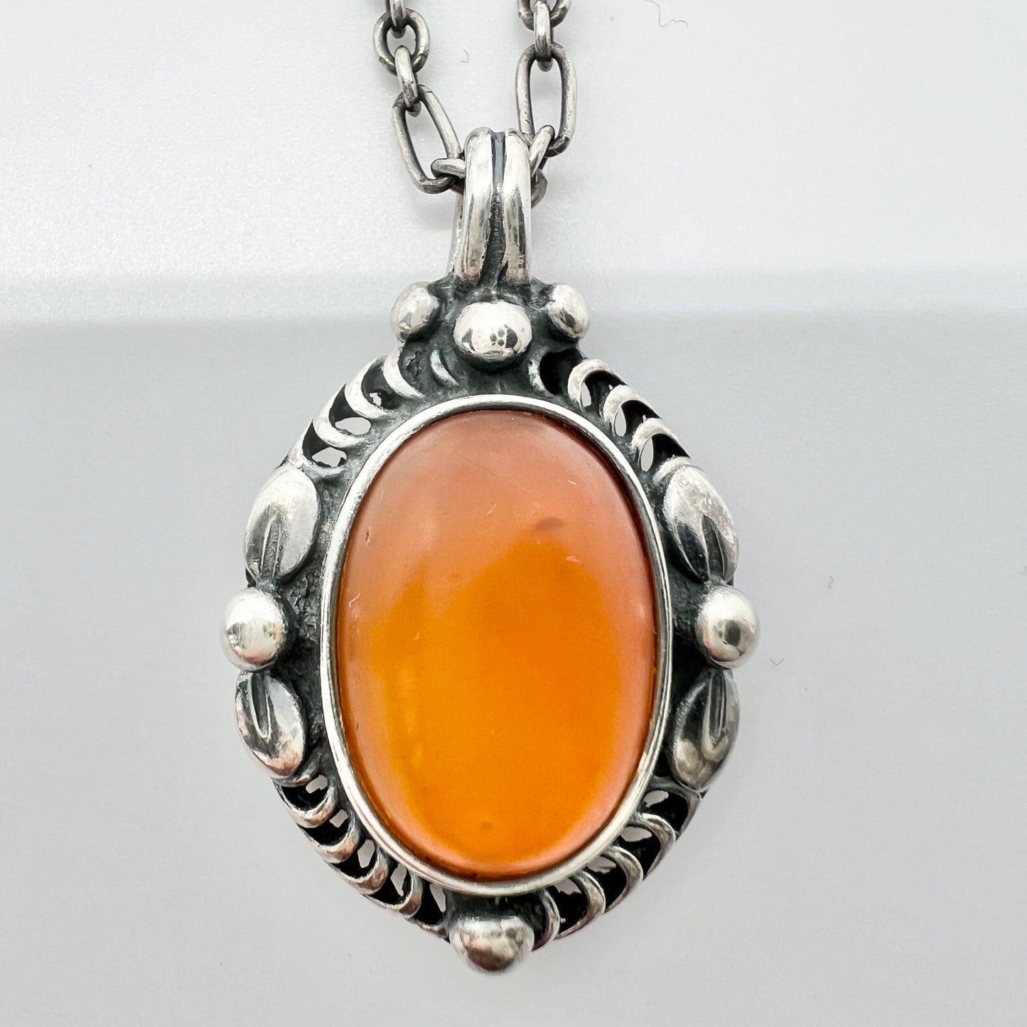 Georg Jensen, Denmark. Vintage Sterling Silver Amber Pendant Necklace. Heritage 1995 Collection.