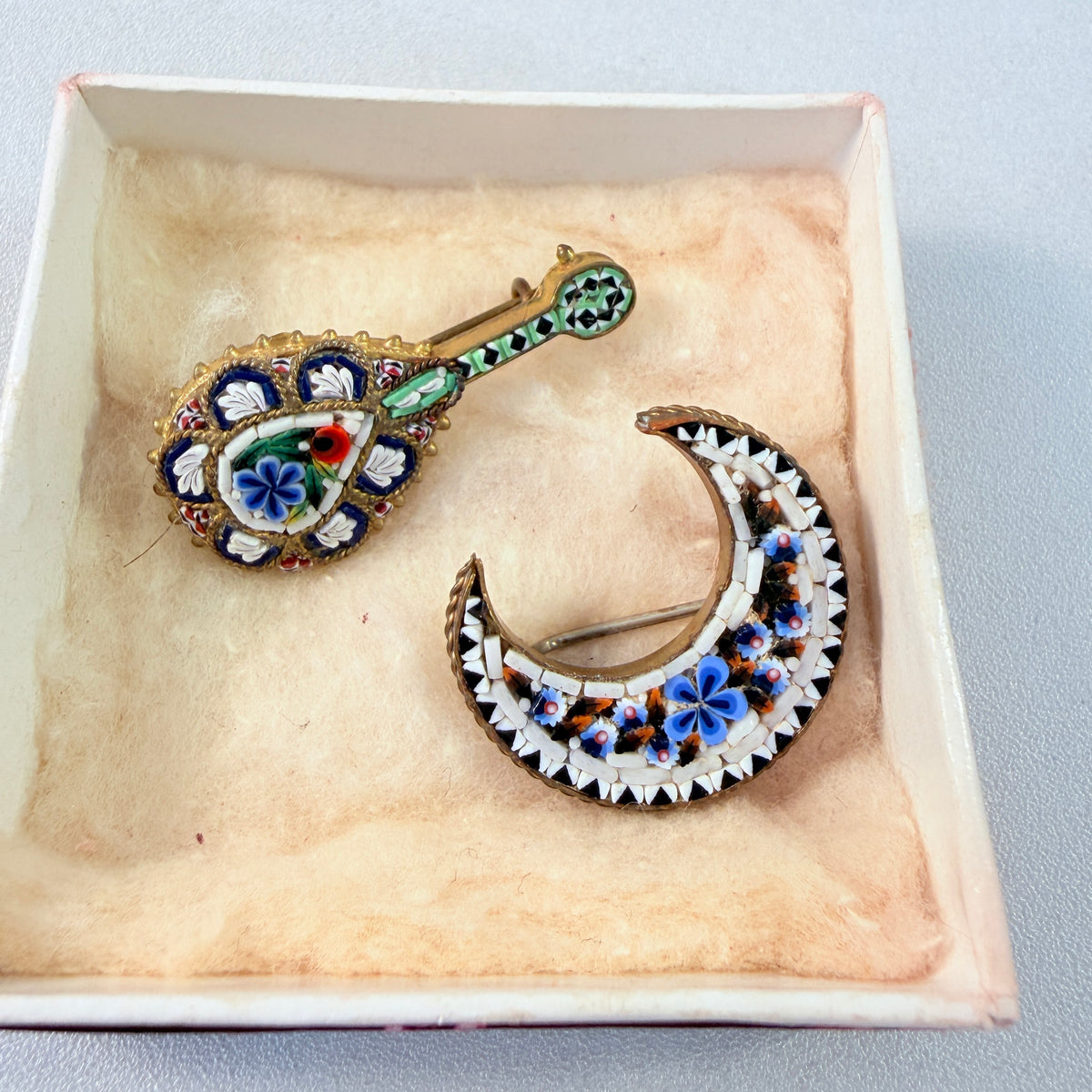 Italy 1940-50s. Two Vintage Micro Mosaic Brooches.
