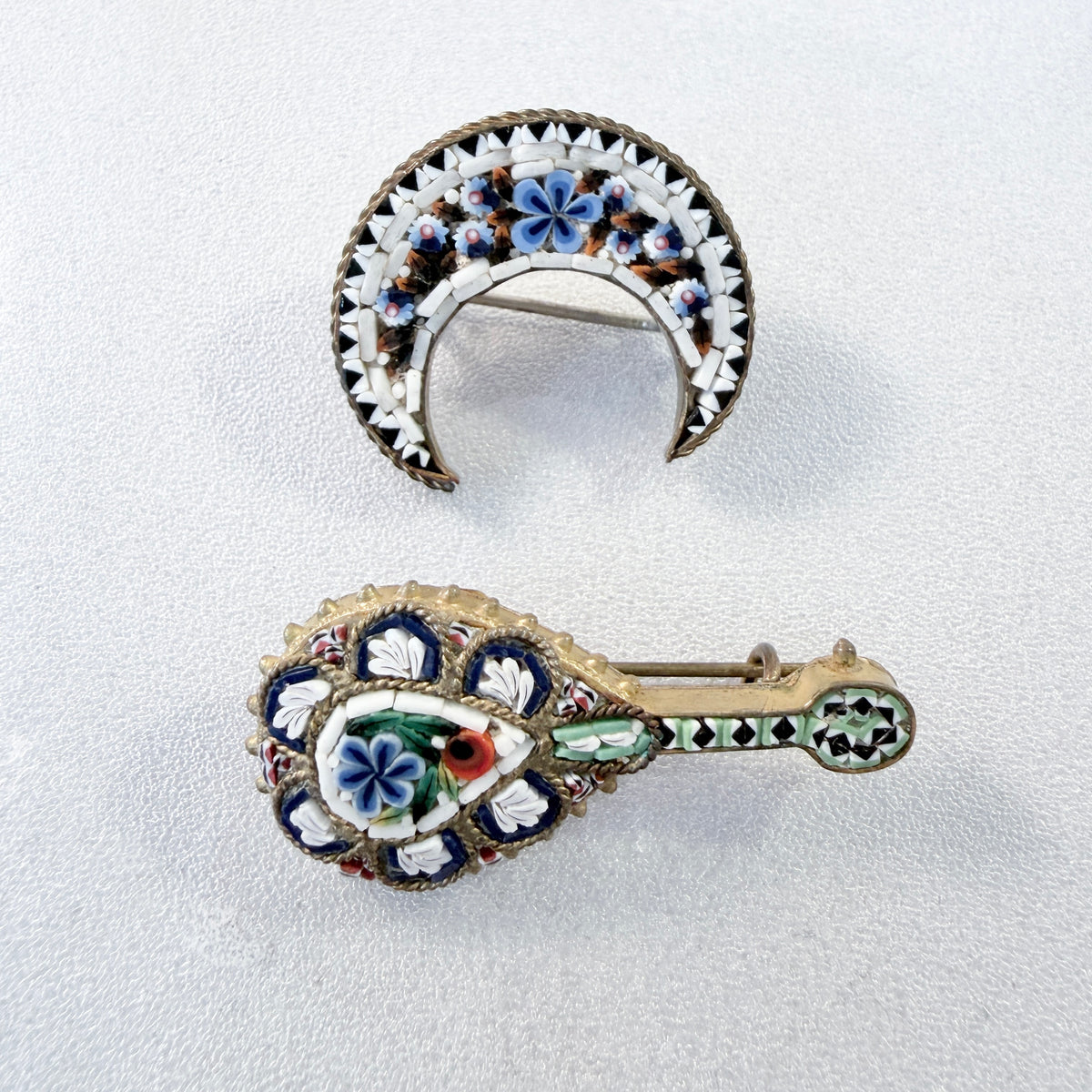 Italy 1940-50s. Two Vintage Micro Mosaic Brooches.