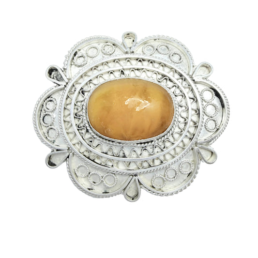 Israel. Vintage Sterling 935 Silver Amber Brooch Pendant.