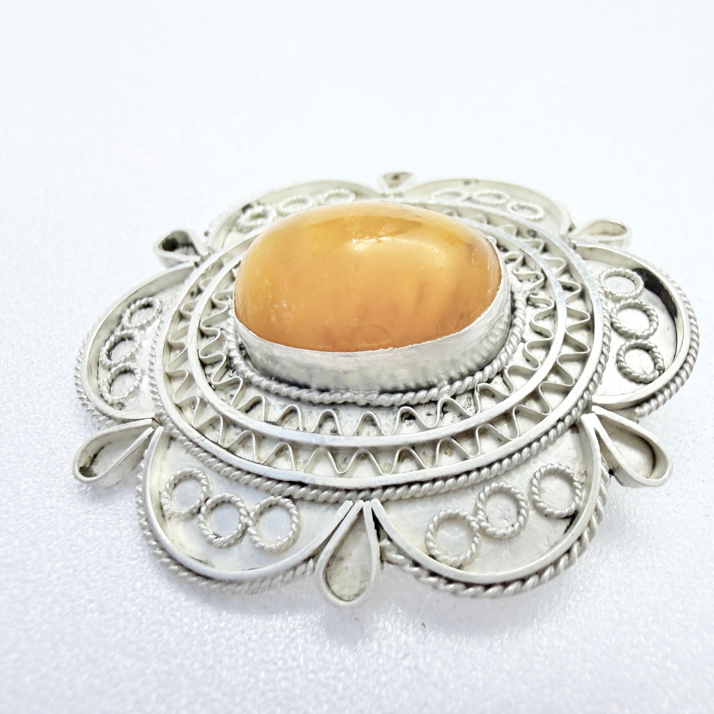 Israel. Vintage Sterling 935 Silver Amber Brooch Pendant.