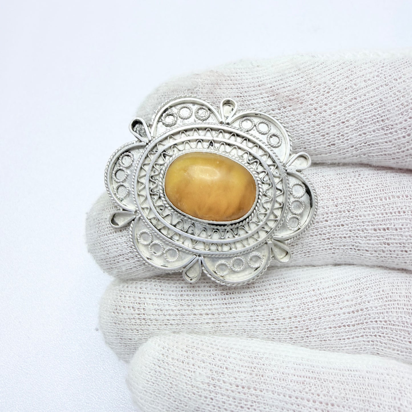 Israel. Vintage Sterling 935 Silver Amber Brooch Pendant.