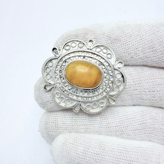 Israel. Vintage Sterling 935 Silver Amber Brooch Pendant.