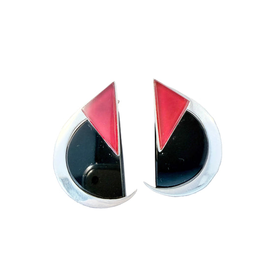 Large Vintage c 1980s. Sterling Silver Red and Black Decoration Earrings.