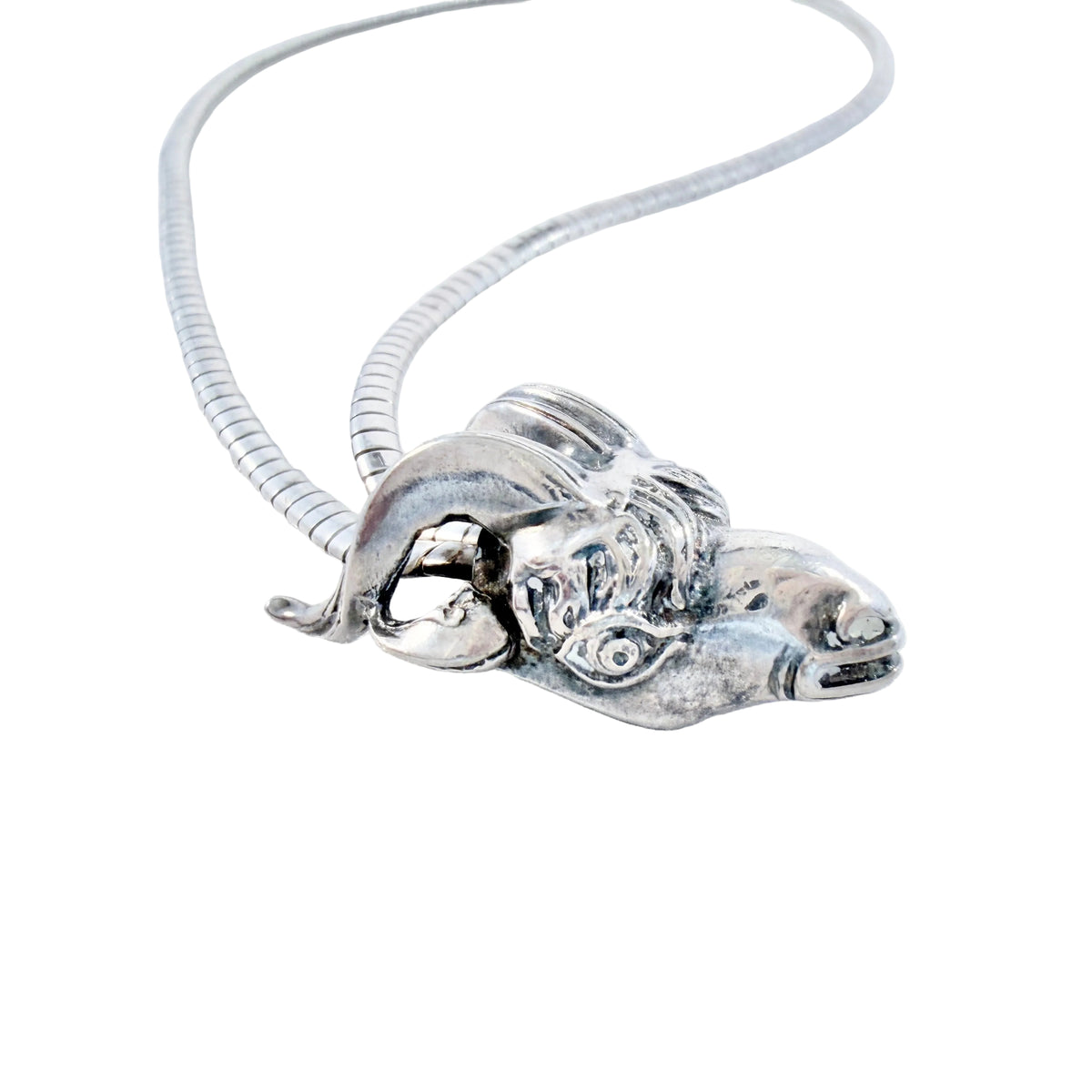 Vintage Sterling Silver Ram Head Pendant Necklace.