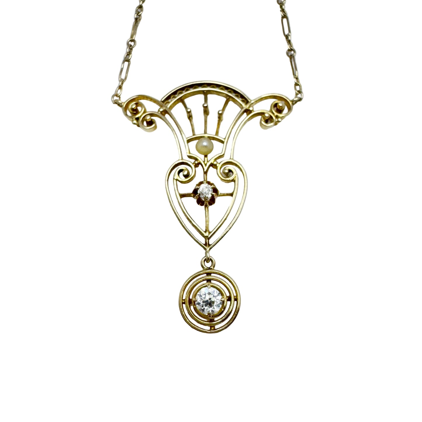 Antique Jugendstil 14k Gold Diamond Pearl Pendant Necklace.