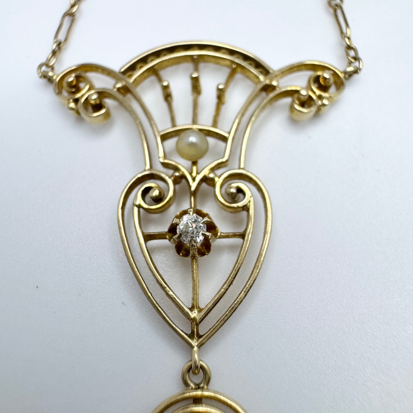 Antique Jugendstil 14k Gold Diamond Pearl Pendant Necklace.