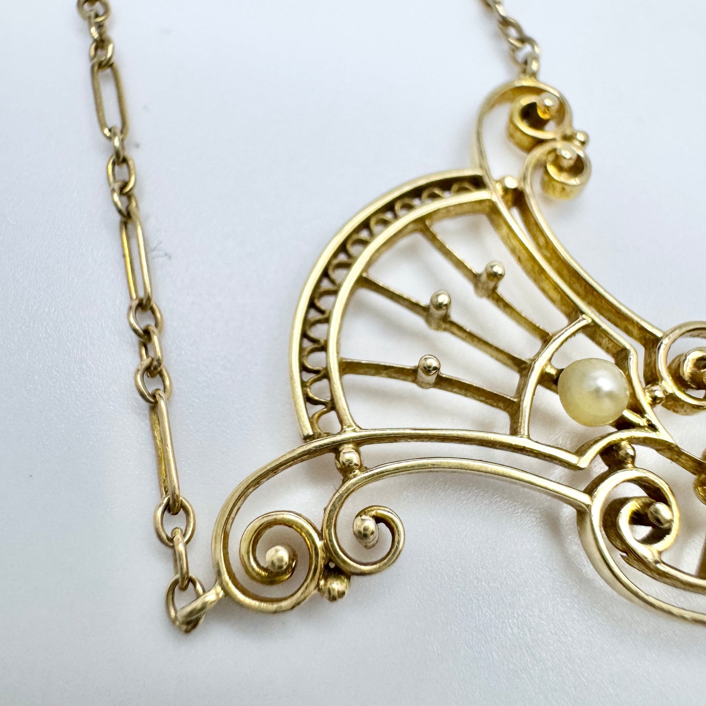 Antique Jugendstil 14k Gold Diamond Pearl Pendant Necklace.