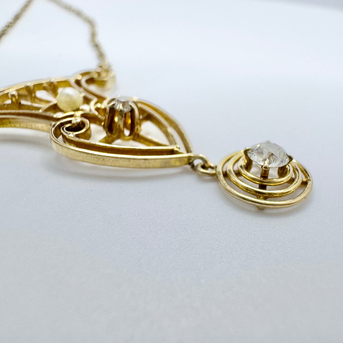 Antique Jugendstil 14k Gold Diamond Pearl Pendant Necklace.