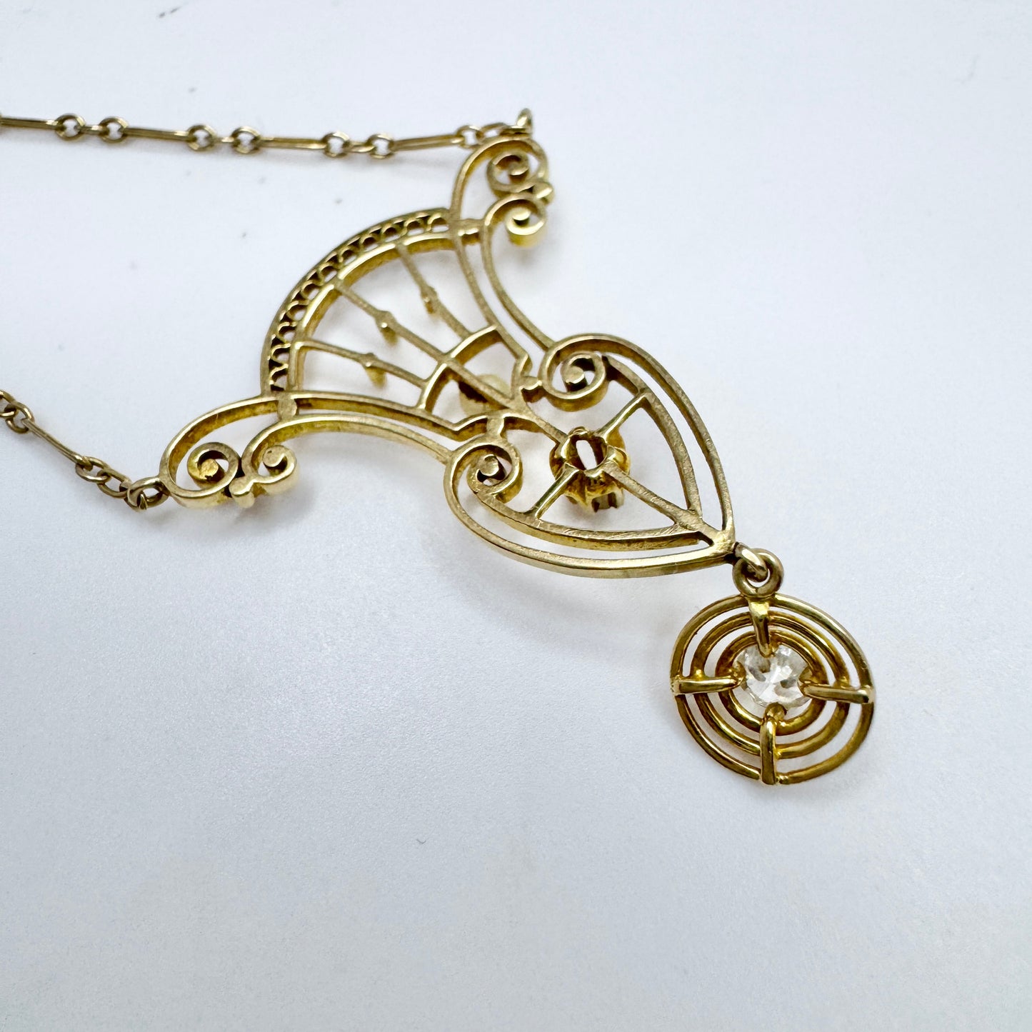 Antique Jugendstil 14k Gold Diamond Pearl Pendant Necklace.