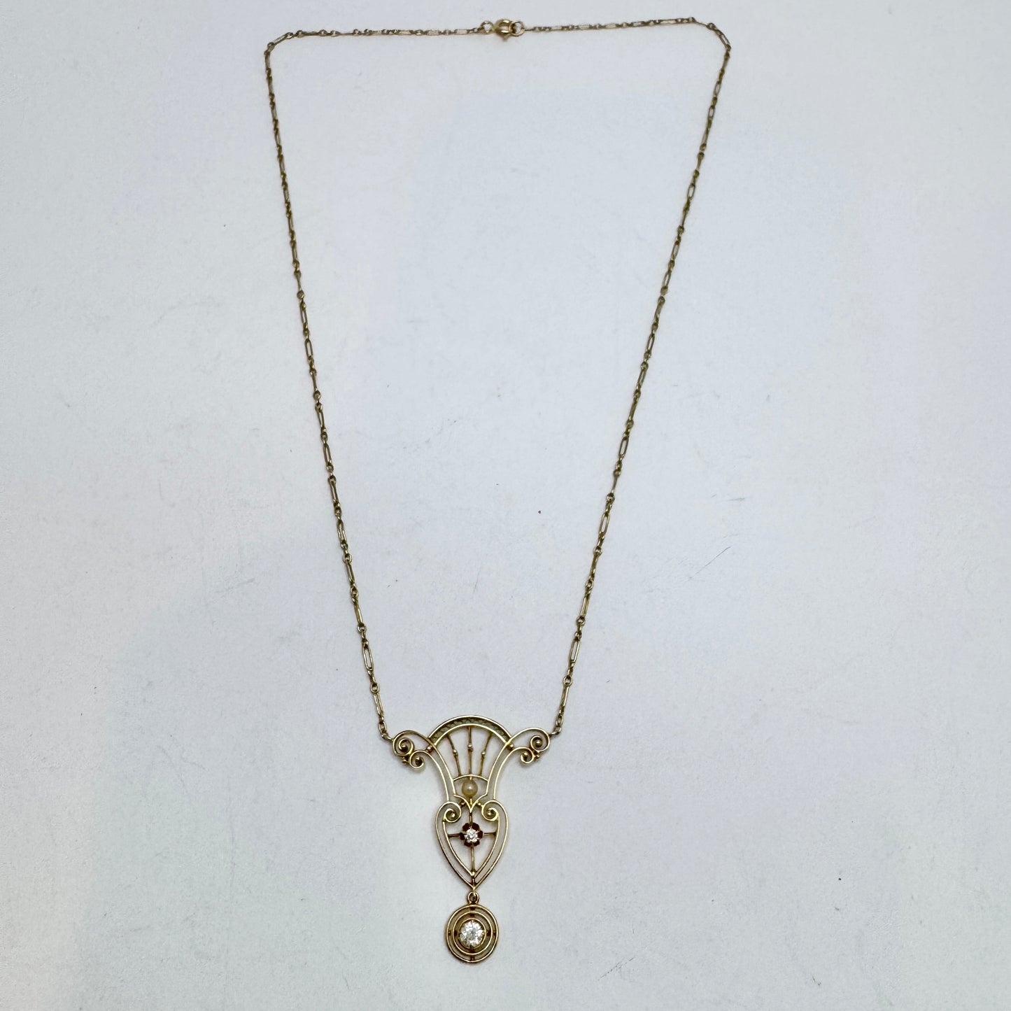 Antique Jugendstil 14k Gold Diamond Pearl Pendant Necklace.