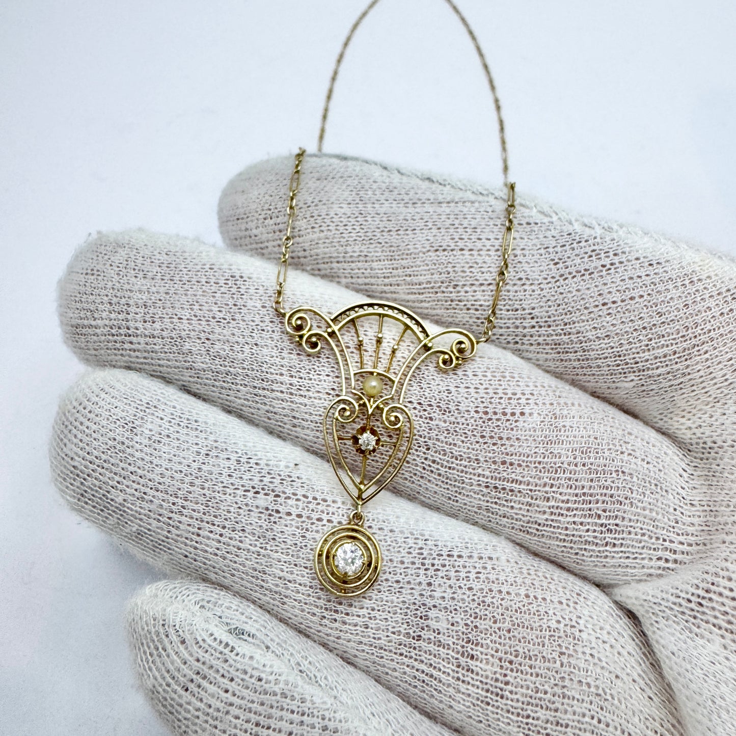 Antique Jugendstil 14k Gold Diamond Pearl Pendant Necklace.