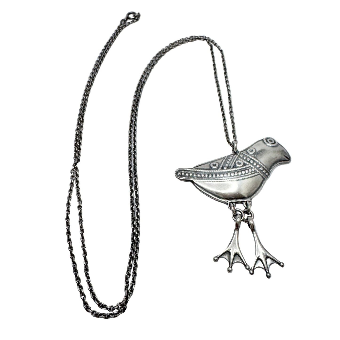 Kalevala Koru, Finland 1994. Large Vintage Sterling Silver Bird Pendant Long Chain Necklace.