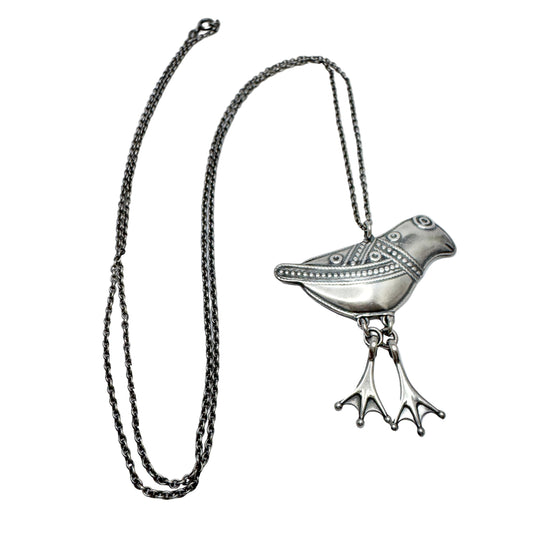 Kalevala Koru, Finland 1994. Large Vintage Sterling Silver Bird Pendant Long Chain Necklace.