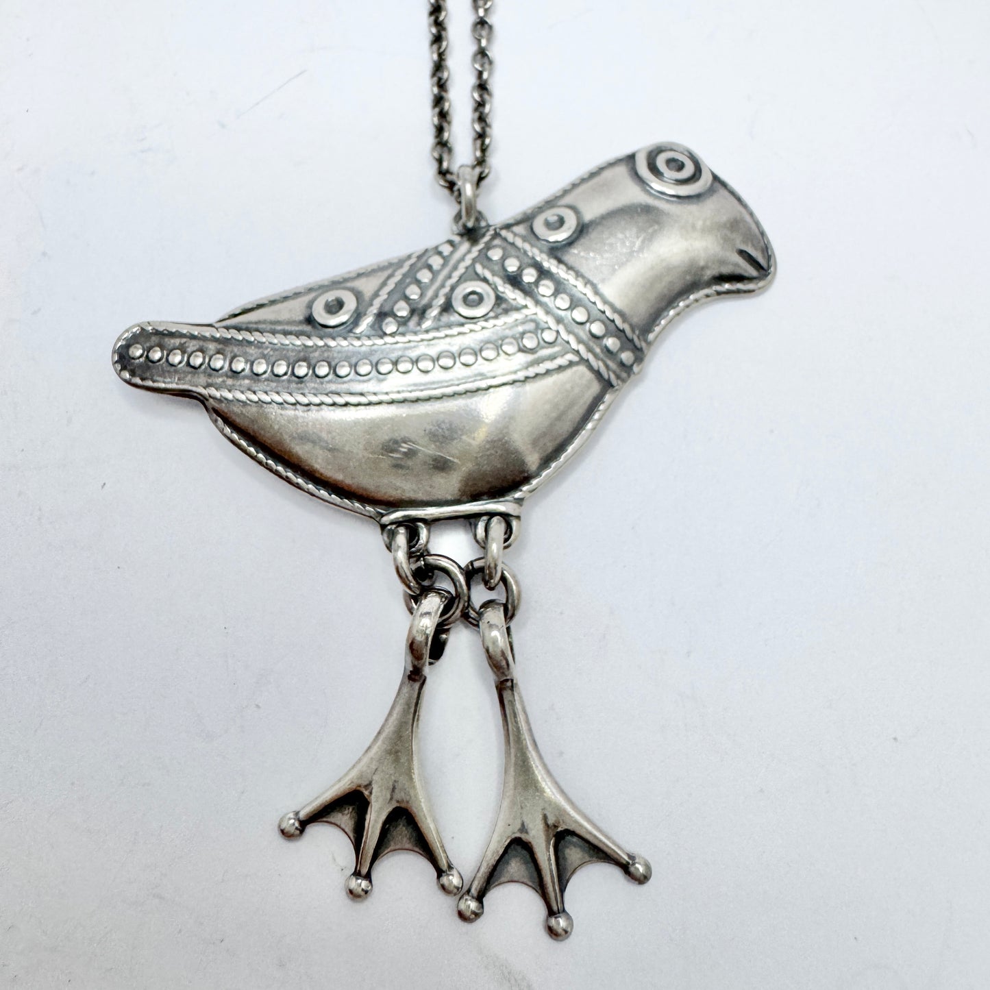 Kalevala Koru, Finland 1994. Large Vintage Sterling Silver Bird Pendant Long Chain Necklace.