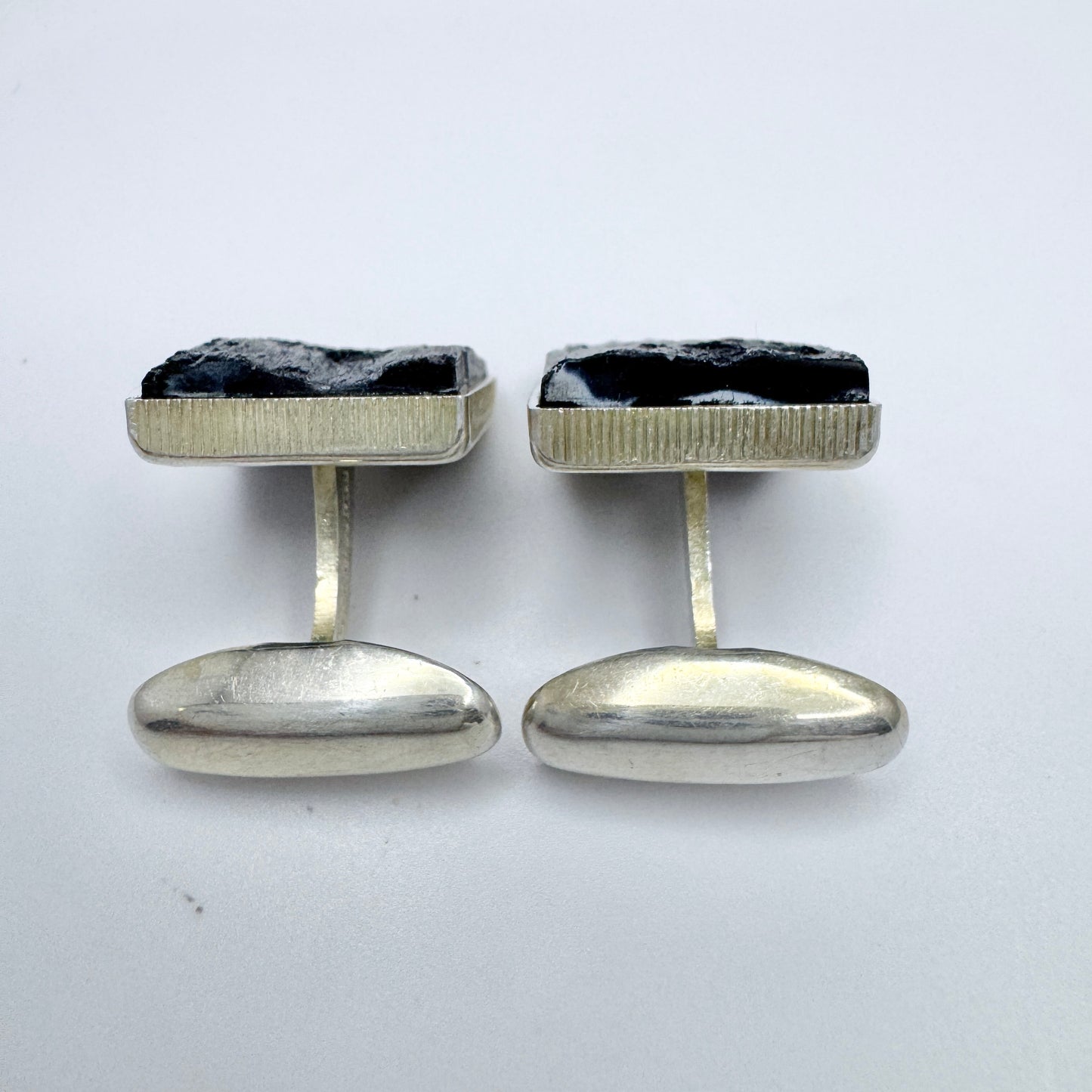 Martti Viikinniemi, Finland 1968. Vintage Solid Silver Obsidian Cufflinks.