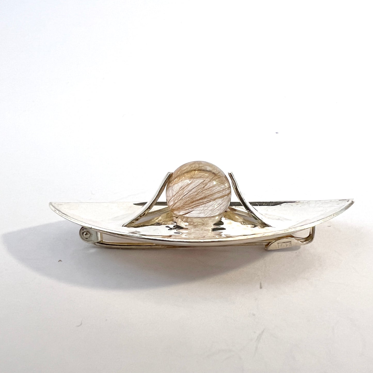 Elis Kauppi, Kupittaan Kulta Finland 1961. Vintage Solid Silver Rutilated Quartz Brooch.