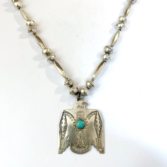 Vintage c 1950s Sterling Silver Turquoise Eagle Pendant Necklace.