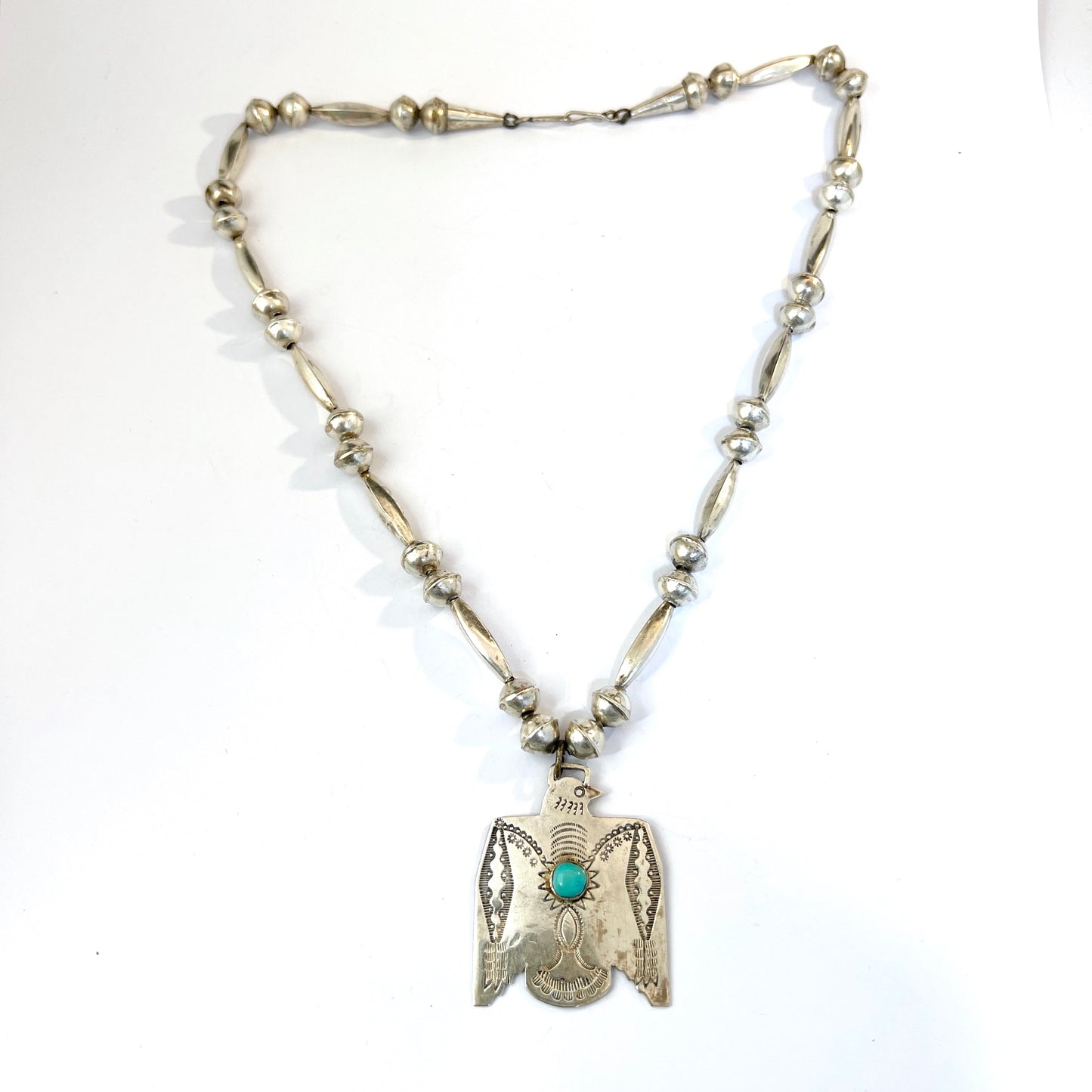 Vintage c 1950s Sterling Silver Turquoise Eagle Pendant Necklace.