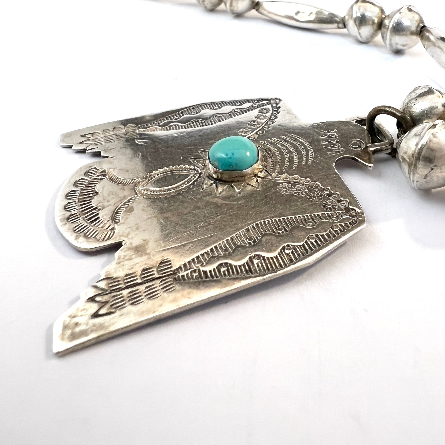 Vintage c 1950s Sterling Silver Turquoise Eagle Pendant Necklace.