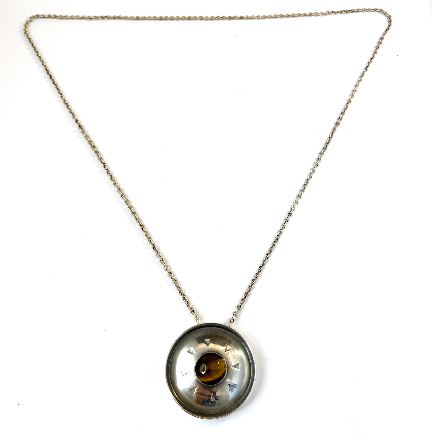 Holger Lindström, Finland 1961. Vintage Solid Silver Tiger's Eye Pendant Necklace.