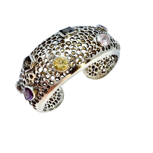 Bold Vintage Sterling Silver Multicolor Quartz Cuff Bracelet.