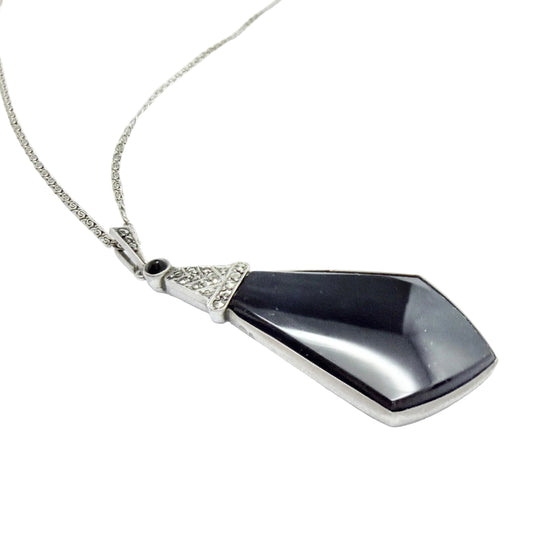 Vintage Art Deco Solid Silver Onyx Marcasite Pendant Necklace.