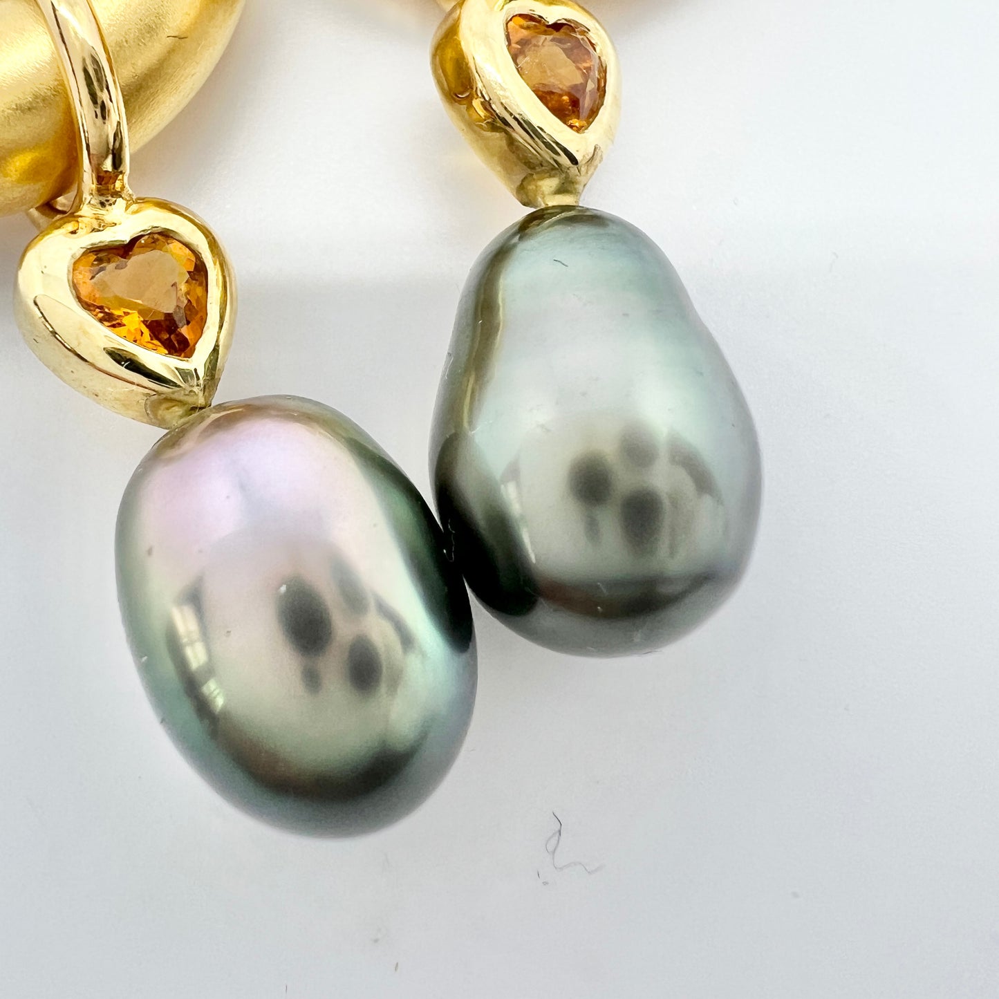 Vintage 18k Gold Citrine Heart Tahitian Pearl Earrings.