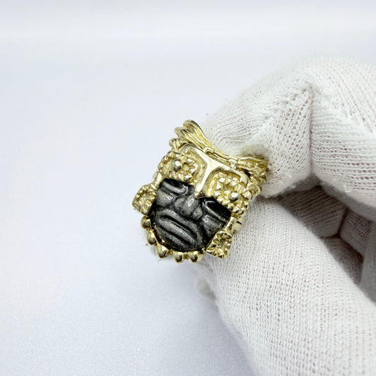 SALVADOR TERAN for MARBEL. Vintage Gold-plated Aztec / Mayan Warrior Mask Ring.