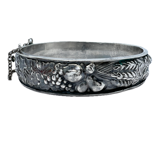 Portugal 1940s Vintage Sterling Silver Hinged Floral Bangle Bracelet