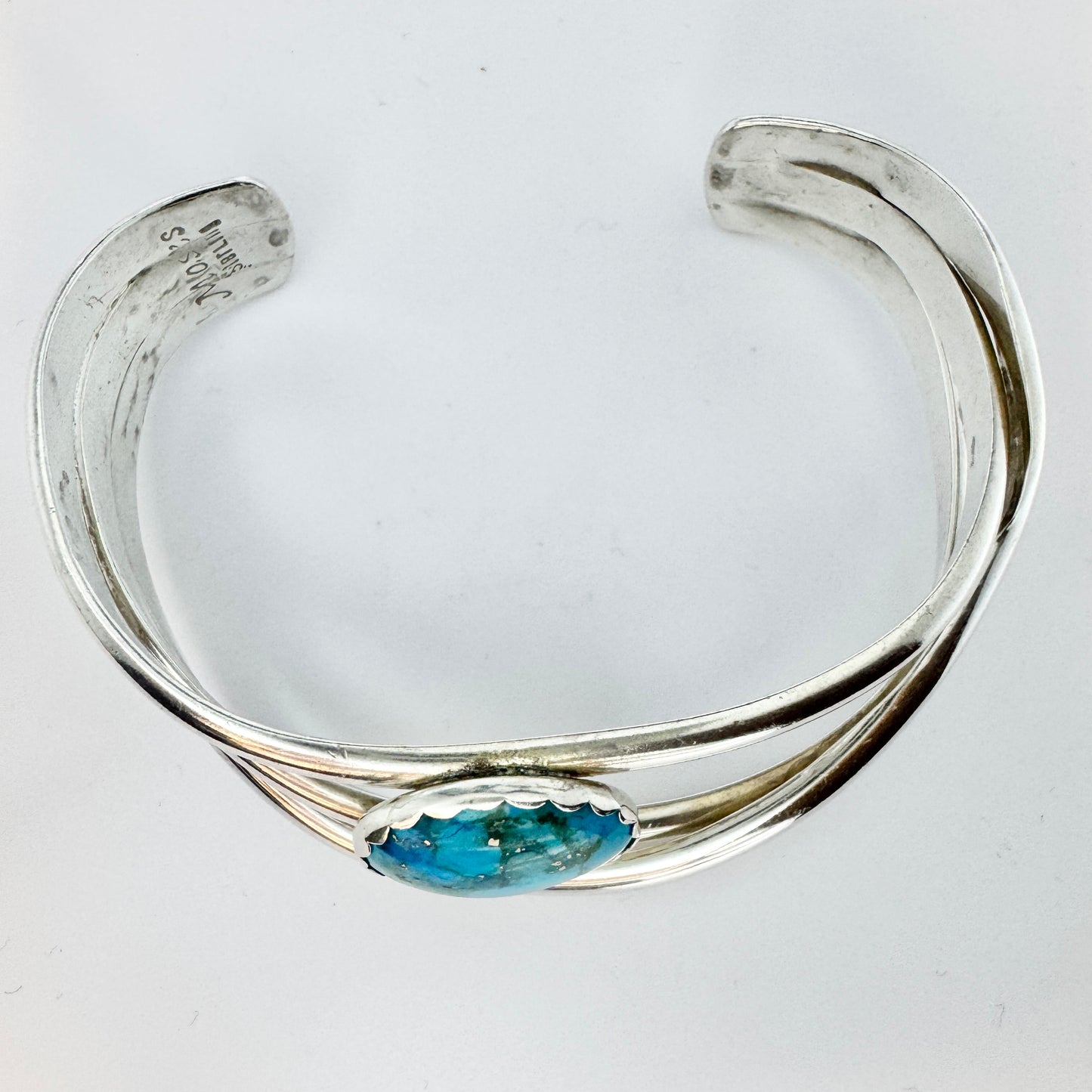 Signed Moses, Vintage Native American Sterling Silver Turquoise Cuff Bracelet.