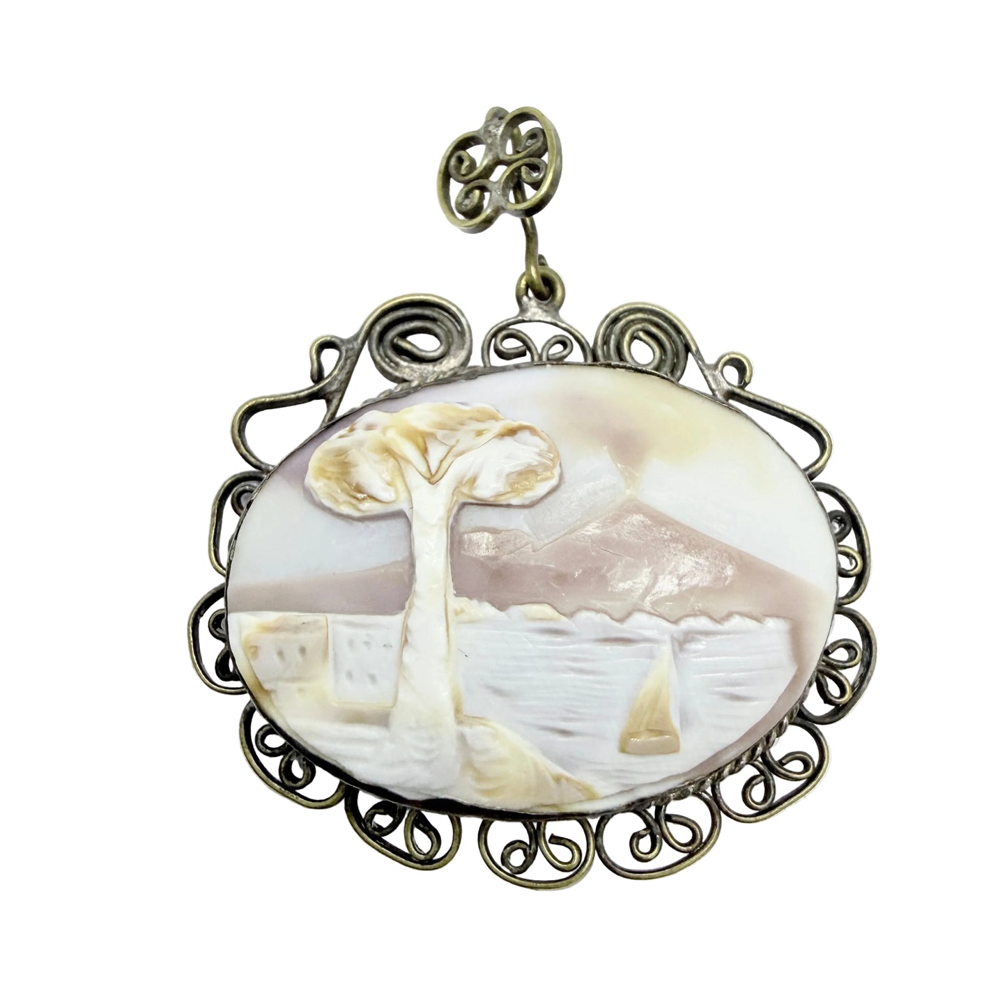 Italy ca 1930s. Mount Vesuvius Pompeii Cameo Metal Pendant