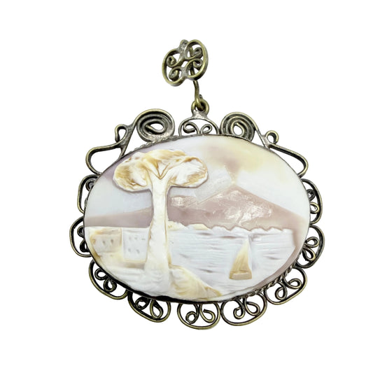 Italy ca 1930s. Mount Vesuvius Pompeii Cameo Metal Pendant