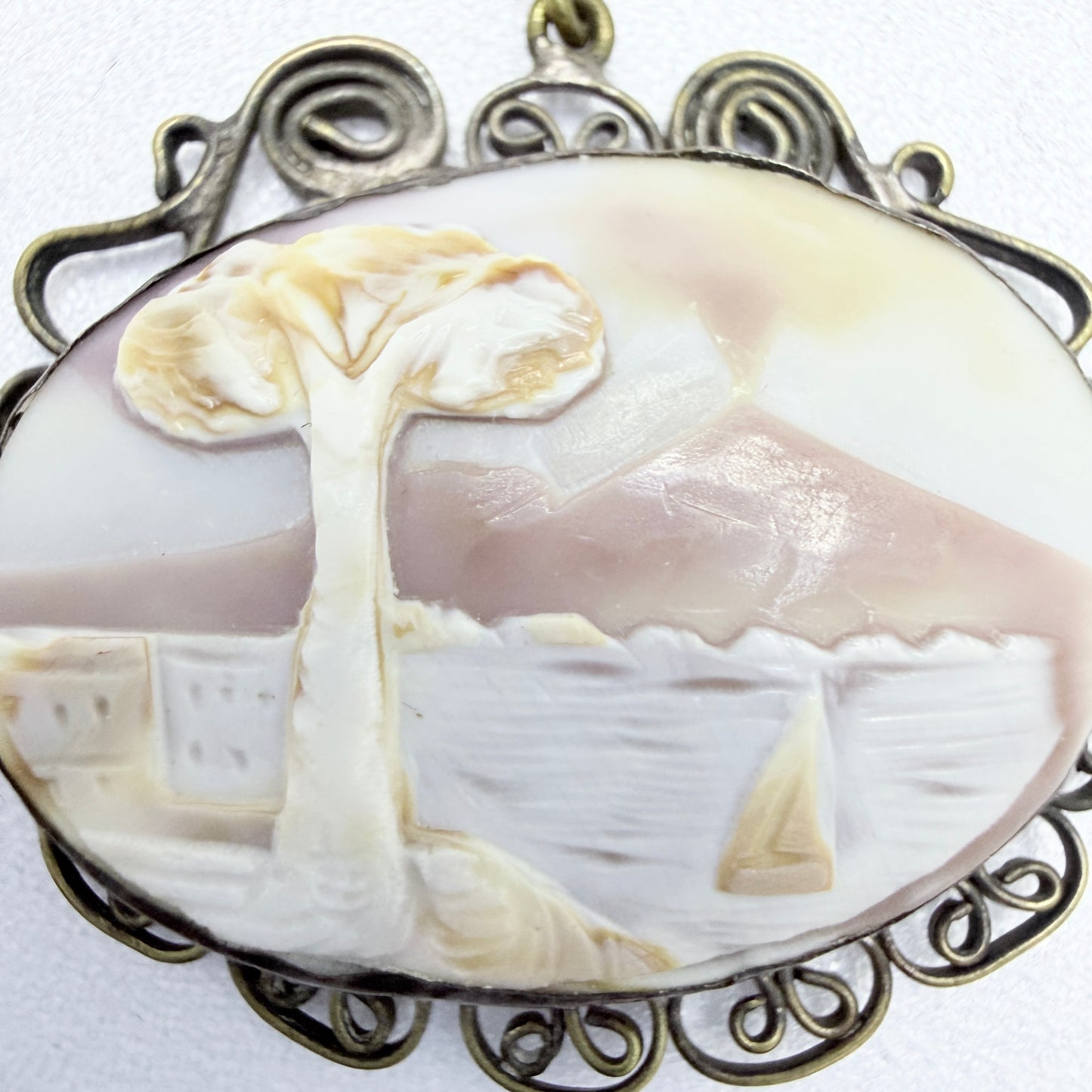 Italy ca 1930s. Mount Vesuvius Pompeii Cameo Metal Pendant