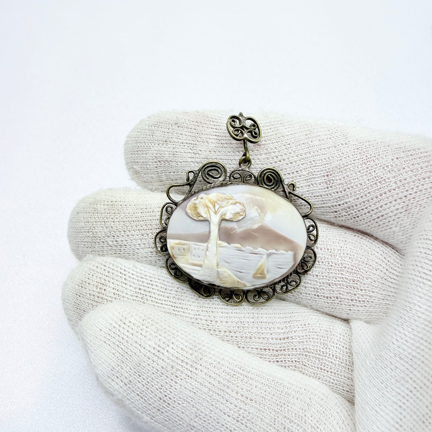 Italy ca 1930s. Mount Vesuvius Pompeii Cameo Metal Pendant