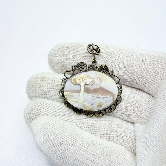Italy ca 1930s. Mount Vesuvius Pompeii Cameo Metal Pendant