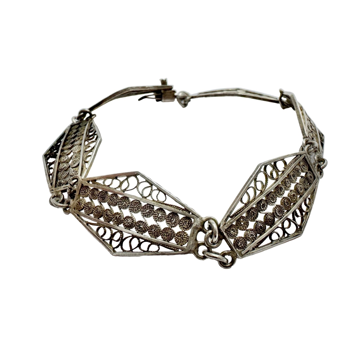 Italy 1920s. Antique Solid Silver Filigree Art Nouveau Art Deco Transition Bracelet.