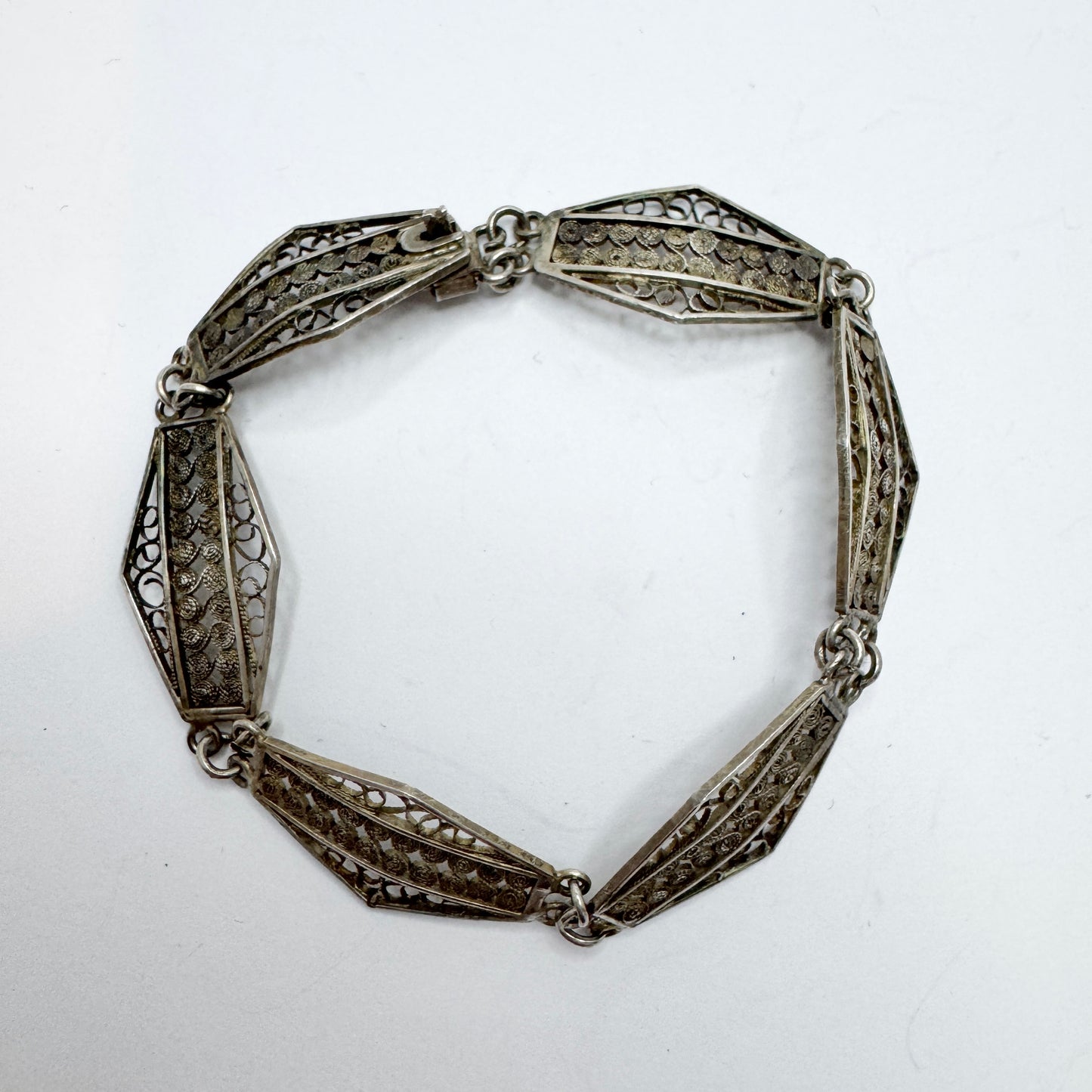 Italy 1920s. Antique Solid Silver Filigree Art Nouveau Art Deco Transition Bracelet.