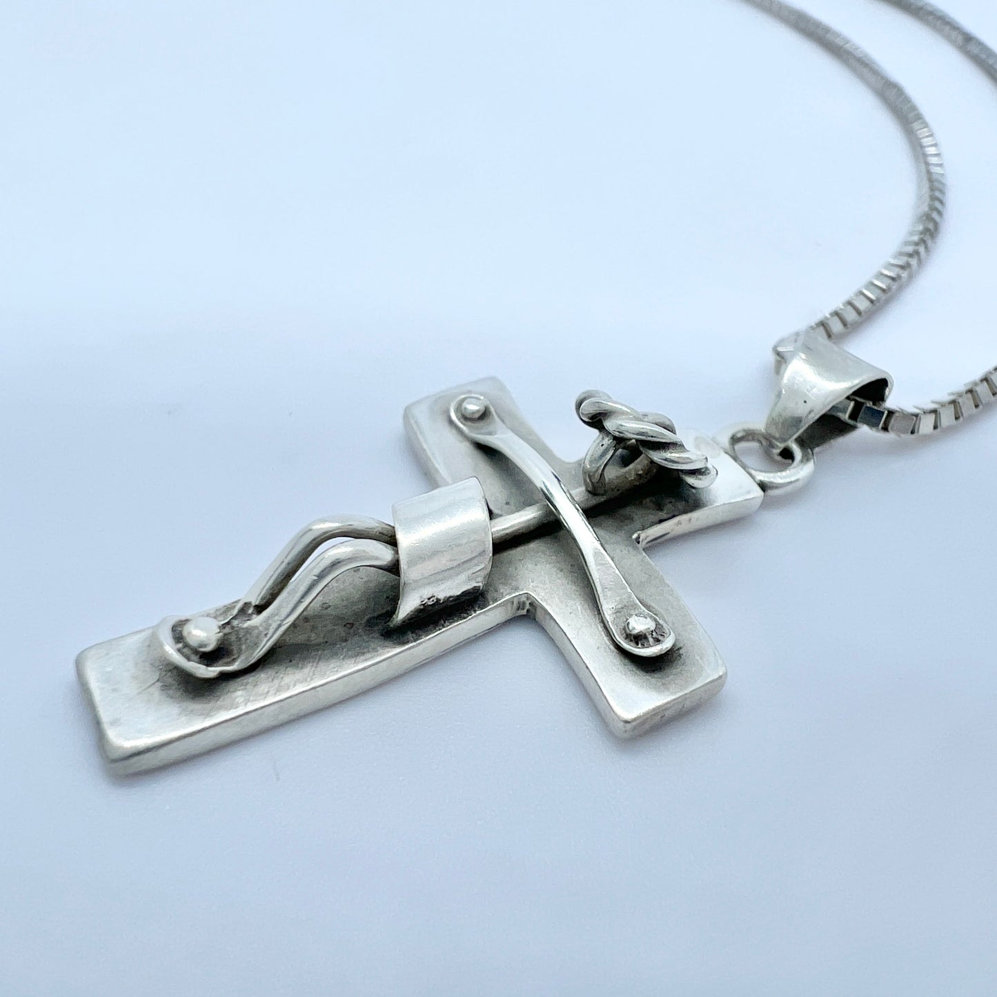 Mexico c 1950-60s. Vintage Sterling Silver Crucifix Pendant + Chain.